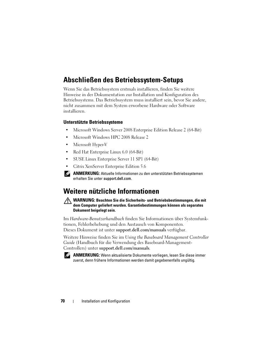 Abschließen des betriebssystem-setups, Unterstützte betriebssysteme, Weitere nützliche informationen | Dell PowerEdge C5125 User Manual | Page 72 / 184