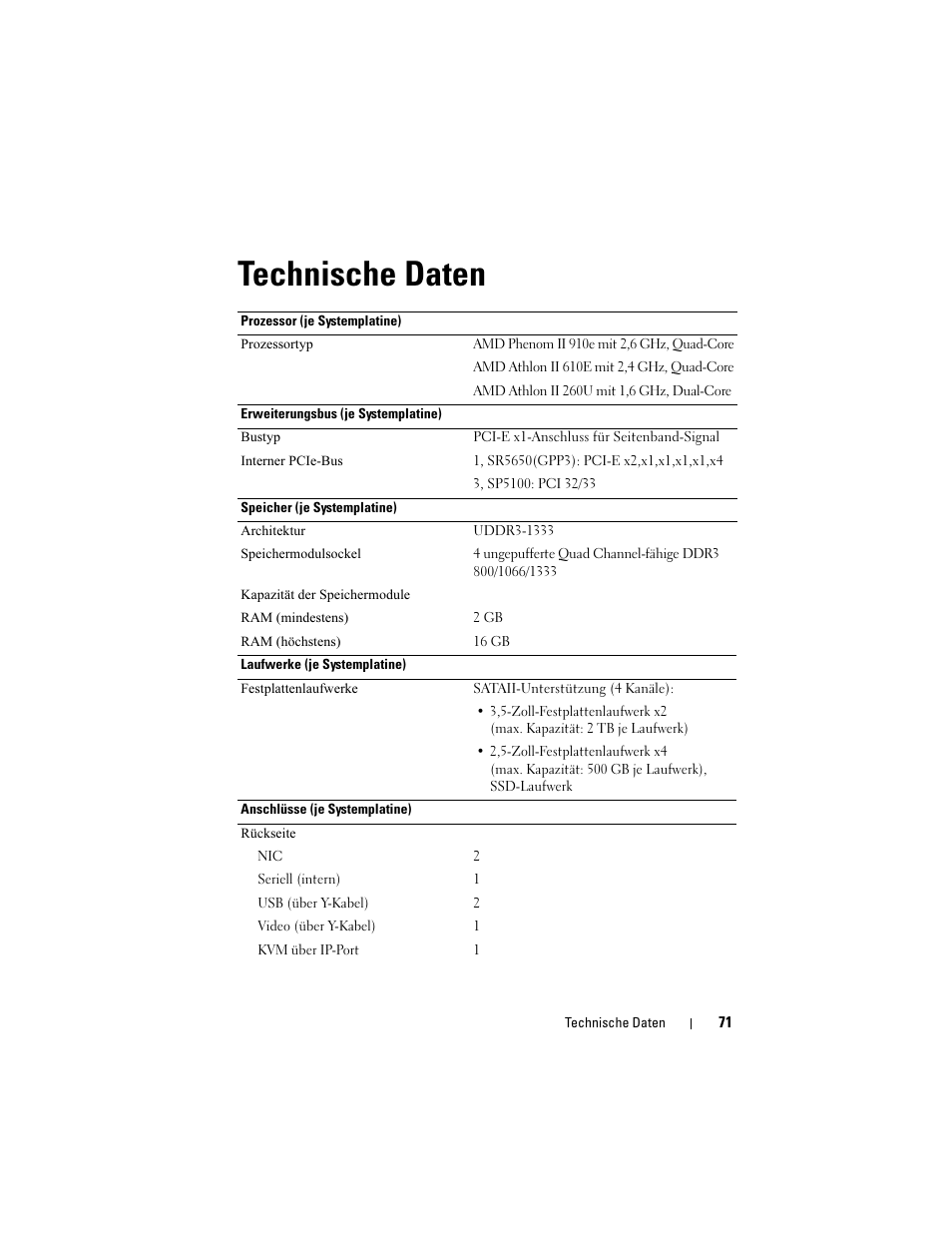 Technische daten | Dell PowerEdge C5125 User Manual | Page 73 / 184