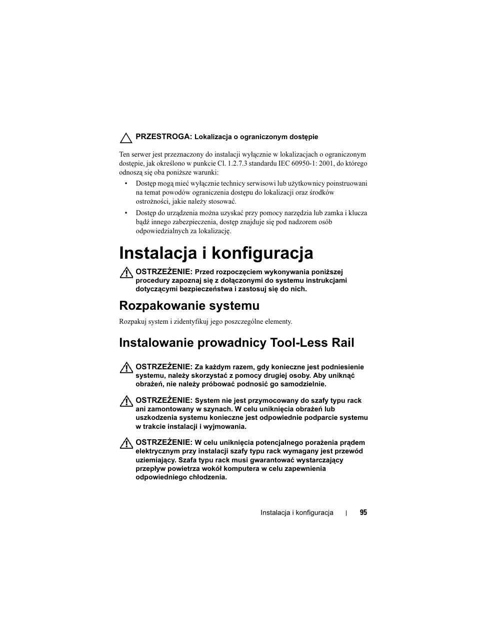 Instalacja i konfiguracja, Rozpakowanie systemu, Instalowanie prowadnicy tool-less rail | Dell PowerEdge C5125 User Manual | Page 97 / 184