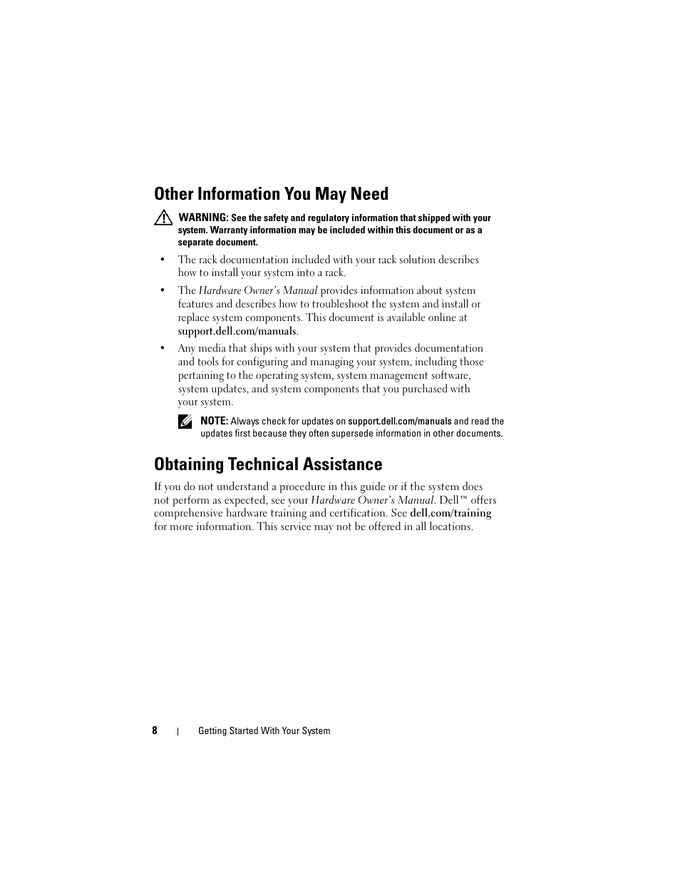 Other information you may need, Obtaining technical assistance | Dell PowerEdge R810 User Manual | Page 10 / 142