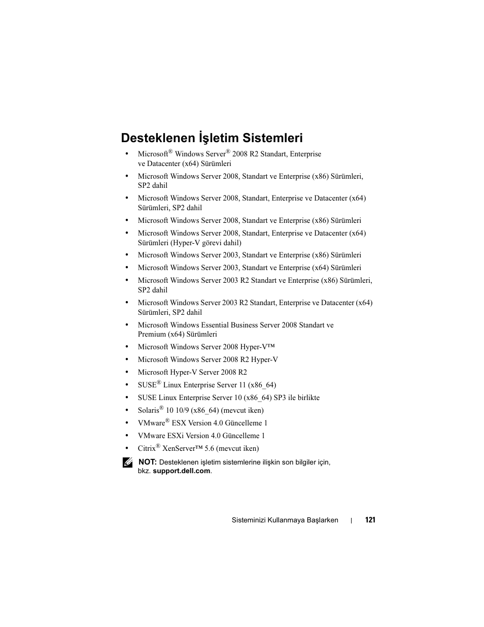 Desteklenen işletim sistemleri | Dell PowerEdge R810 User Manual | Page 123 / 142