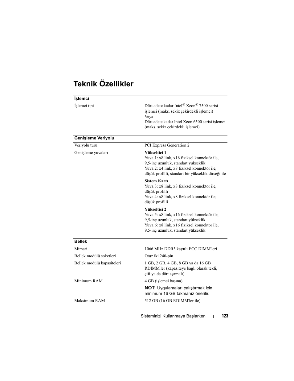 Teknik özellikler | Dell PowerEdge R810 User Manual | Page 125 / 142