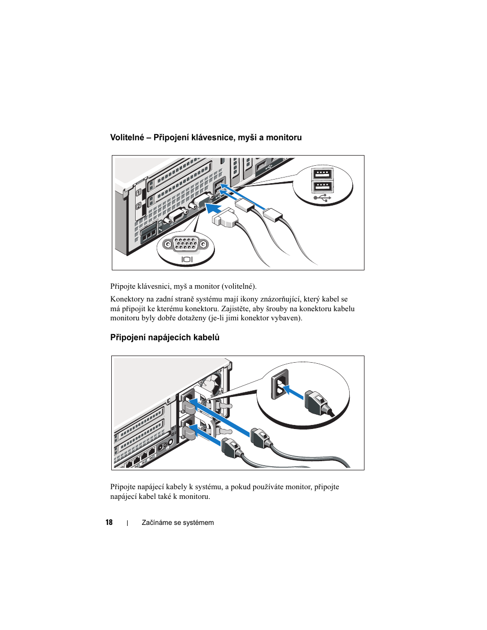 Volitelné – připojení klávesnice, myši a monitoru, Připojení napájecích kabelů | Dell PowerEdge R810 User Manual | Page 20 / 142