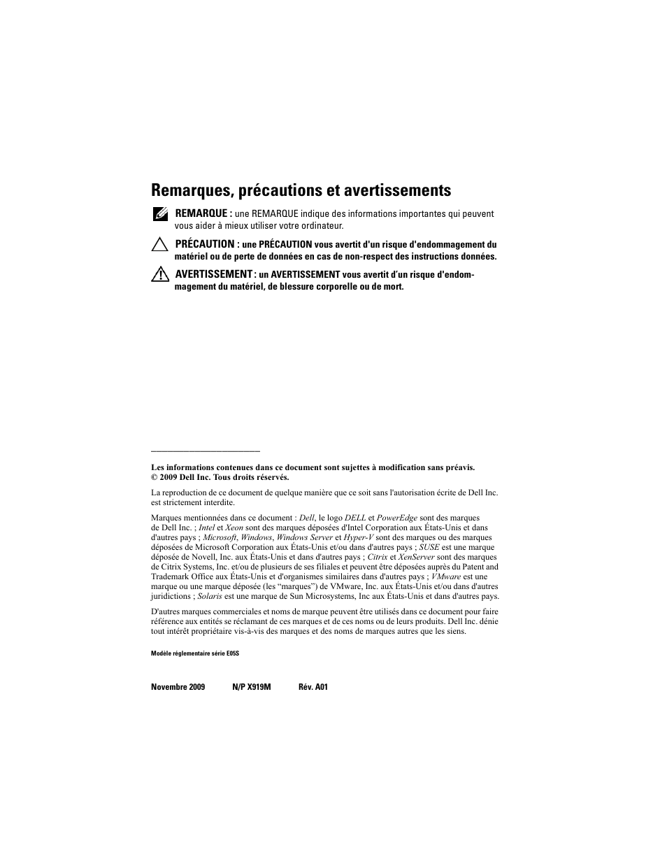 Remarques, précautions et avertissements | Dell PowerEdge R810 User Manual | Page 32 / 142