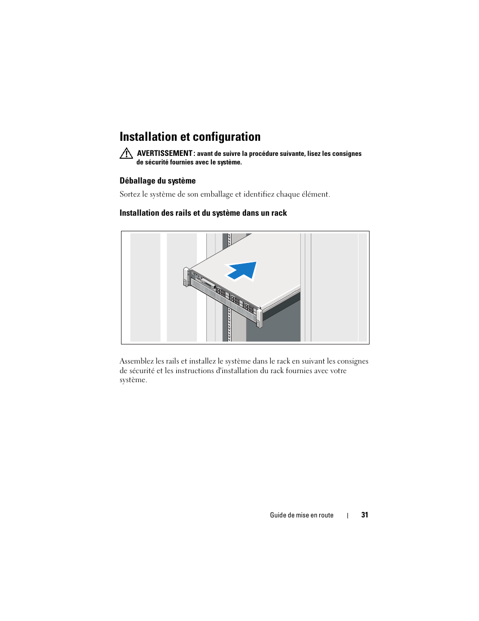 Installation et configuration, Déballage du système, Installation des rails et du système dans un rack | Dell PowerEdge R810 User Manual | Page 33 / 142