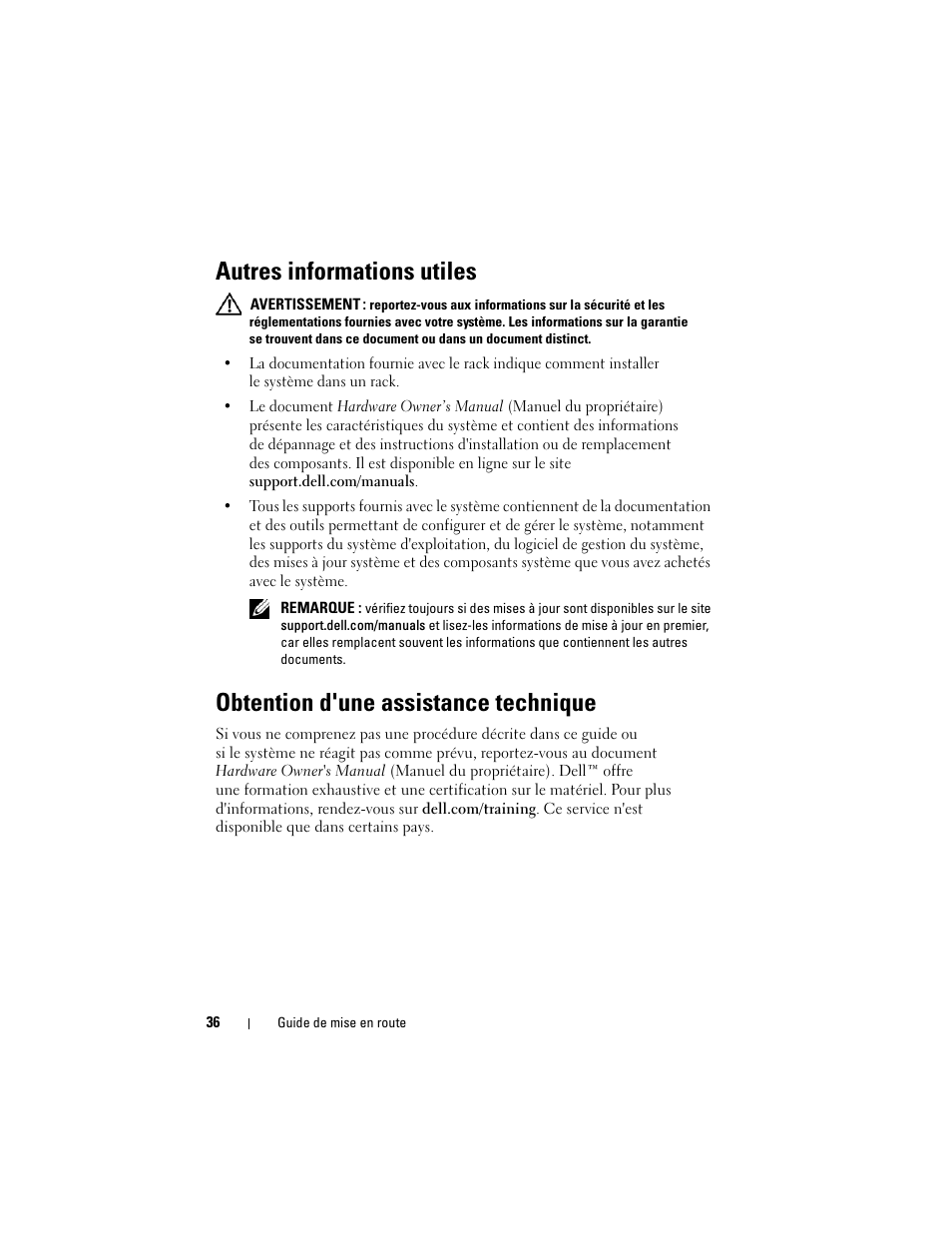 Autres informations utiles, Obtention d'une assistance technique | Dell PowerEdge R810 User Manual | Page 38 / 142