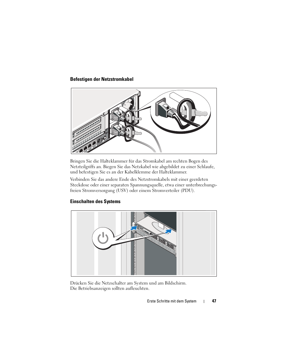 Befestigen der netzstromkabel, Einschalten des systems | Dell PowerEdge R810 User Manual | Page 49 / 142