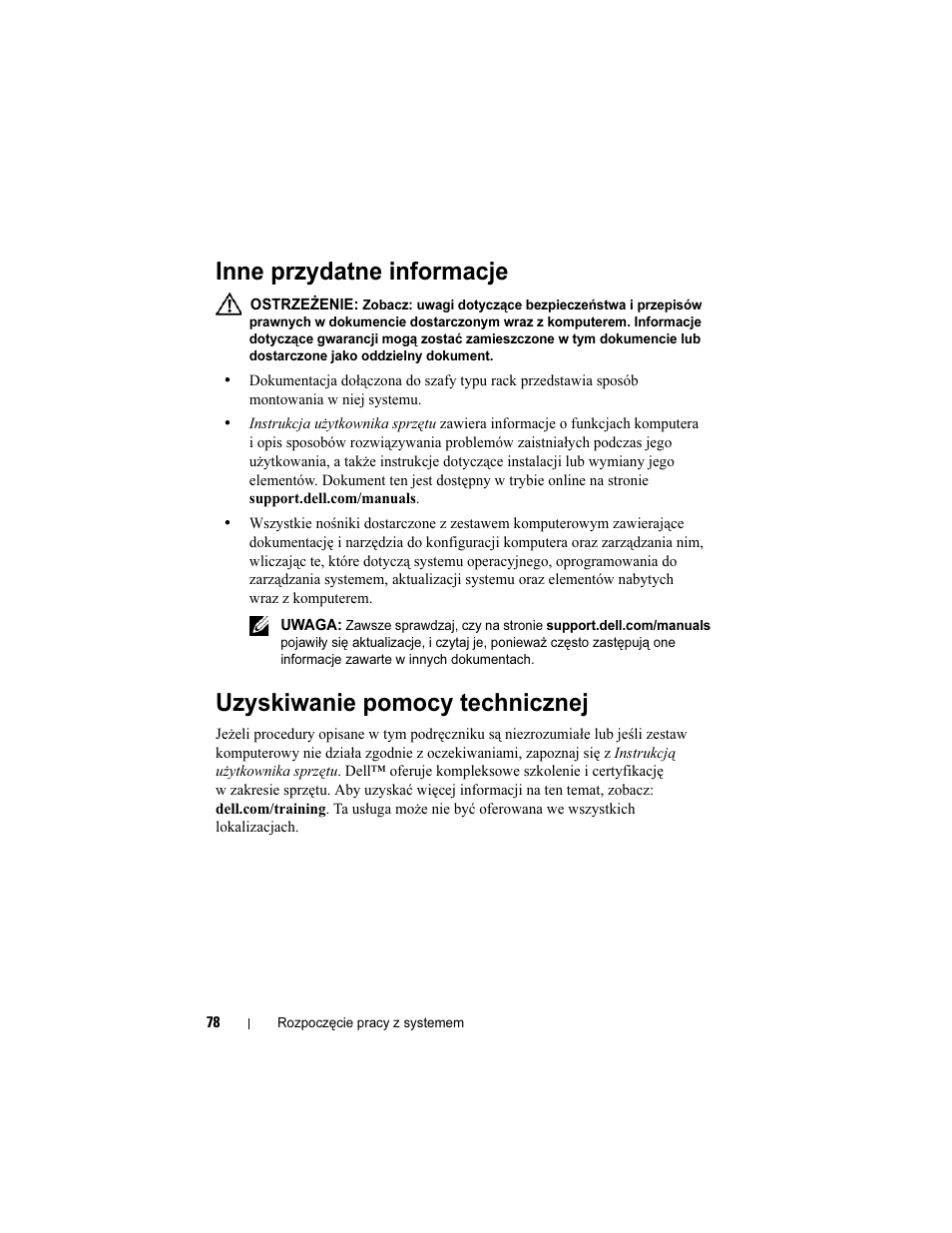 Inne przydatne informacje, Uzyskiwanie pomocy technicznej | Dell PowerEdge R810 User Manual | Page 80 / 142