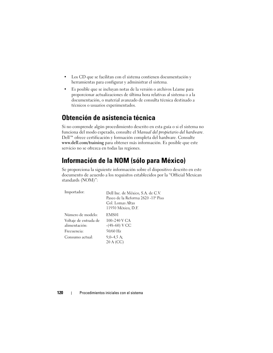 Obtención de asistencia técnica, Información de la nom (sólo para méxico) | Dell PowerVault DL2000 User Manual | Page 122 / 148