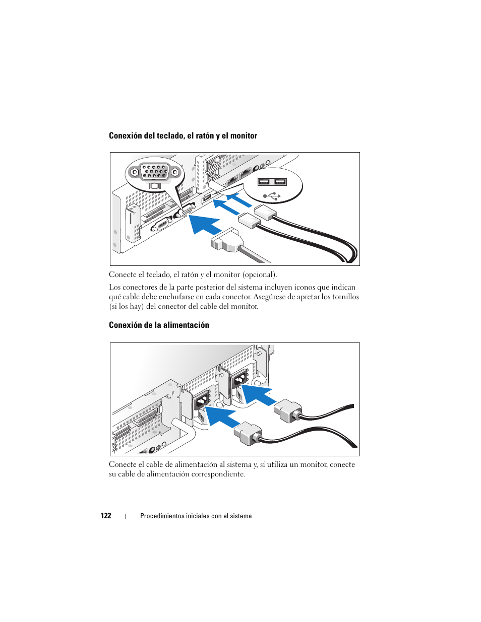 Conexión del teclado, el ratón y el monitor, Conexión de la alimentación | Dell PowerVault DL2000 User Manual | Page 124 / 148