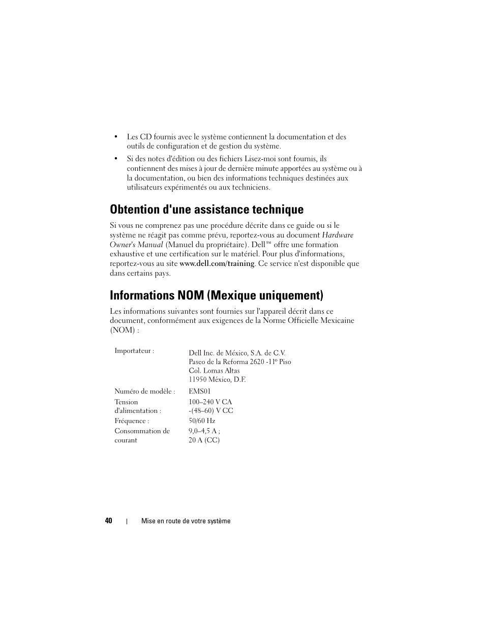 Obtention d'une assistance technique, Informations nom (mexique uniquement) | Dell PowerVault DL2000 User Manual | Page 42 / 148