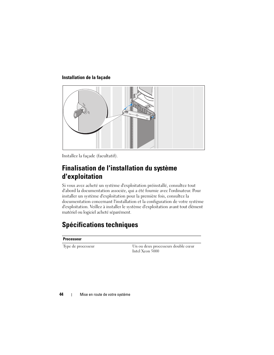 Installation de la façade, Spécifications techniques | Dell PowerVault DL2000 User Manual | Page 46 / 148