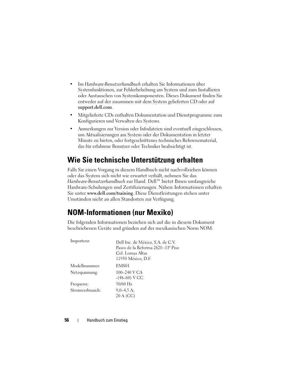 Wie sie technische unterstützung erhalten, Nom-informationen (nur mexiko) | Dell PowerVault DL2000 User Manual | Page 58 / 148