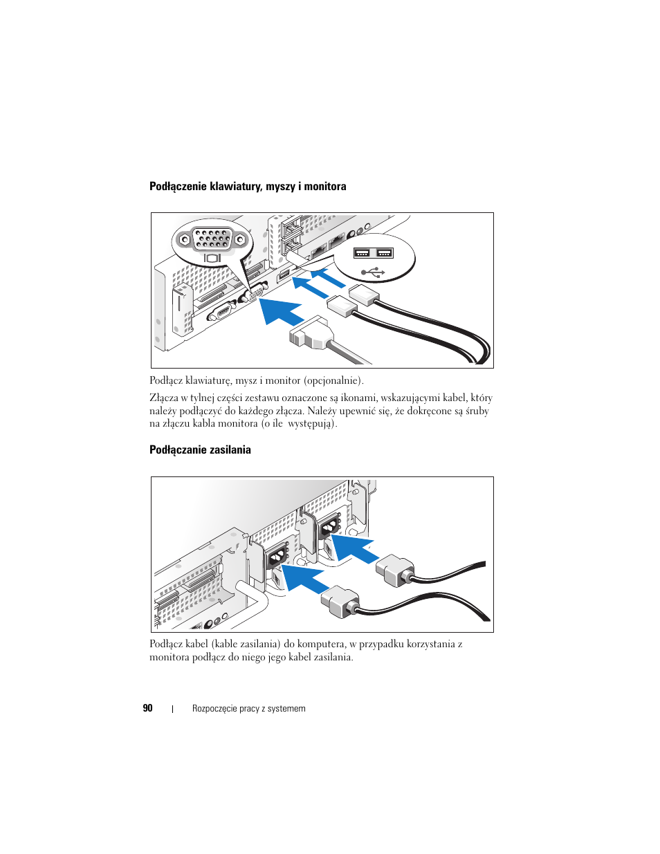 Podłączenie klawiatury, myszy i monitora, Podłączanie zasilania | Dell PowerVault DL2000 User Manual | Page 92 / 148