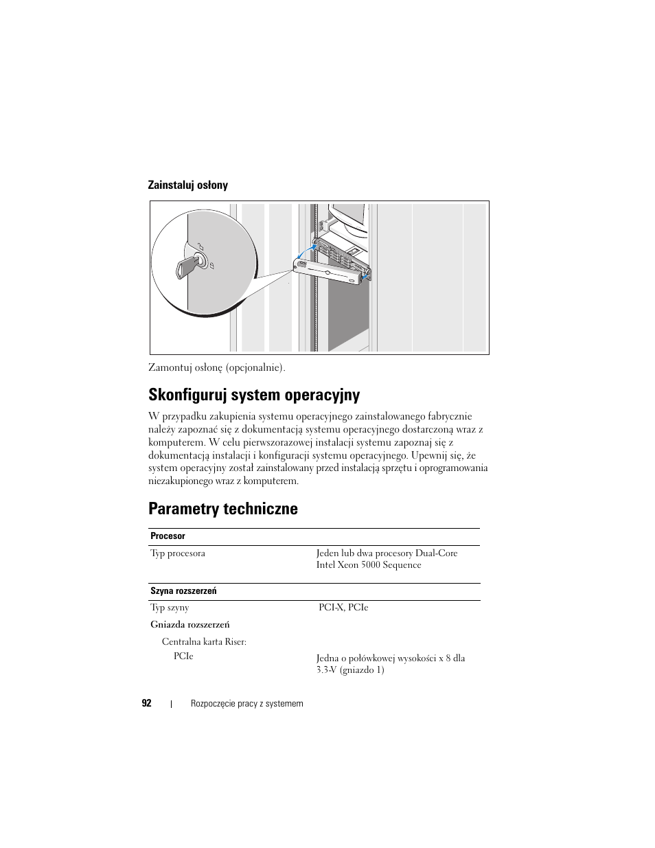 Zainstaluj osłony, Skonfiguruj system operacyjny, Parametry techniczne | Dell PowerVault DL2000 User Manual | Page 94 / 148