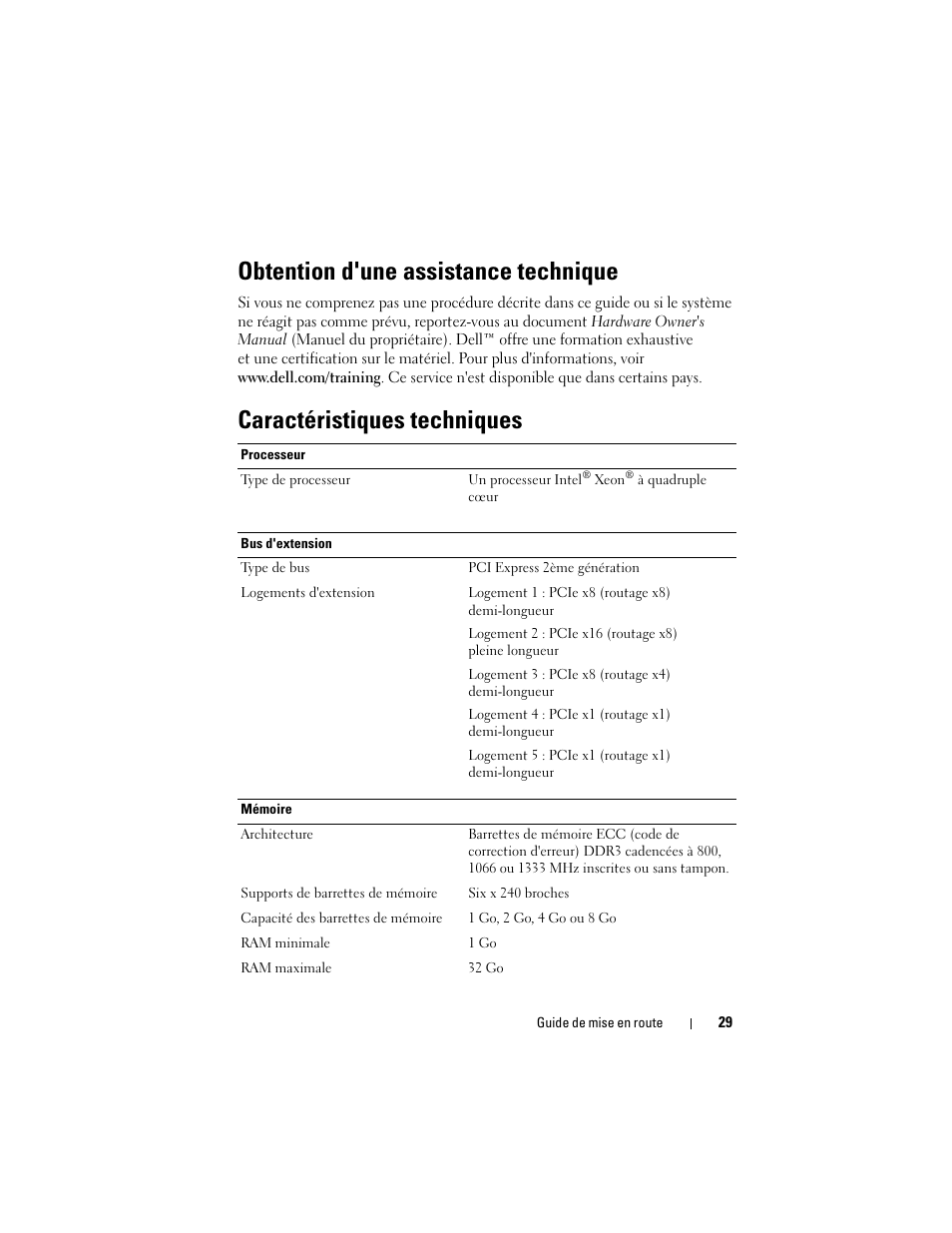 Obtention d'une assistance technique, Caractéristiques techniques | Dell PowerEdge T310 User Manual | Page 31 / 105