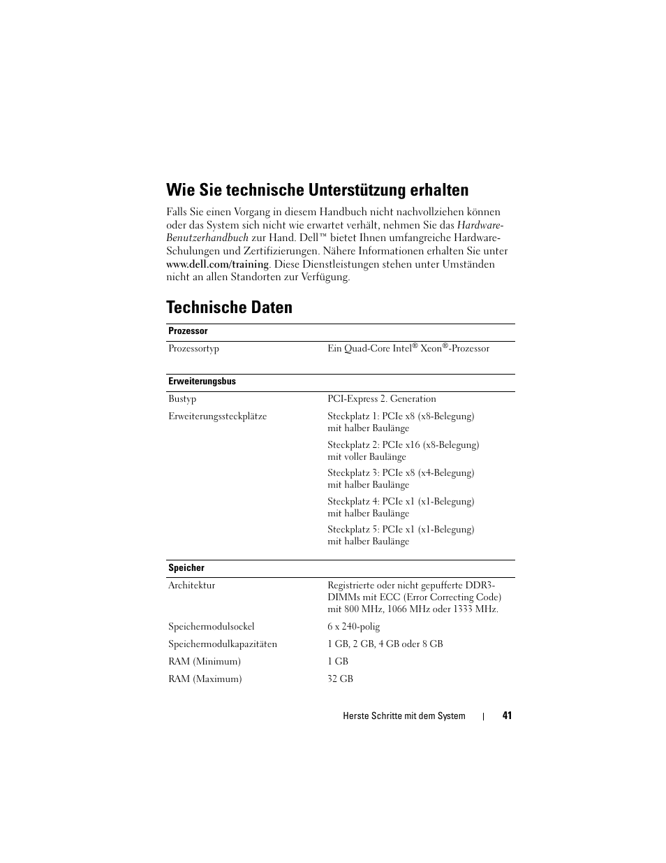 Wie sie technische unterstützung erhalten, Technische daten | Dell PowerEdge T310 User Manual | Page 43 / 105