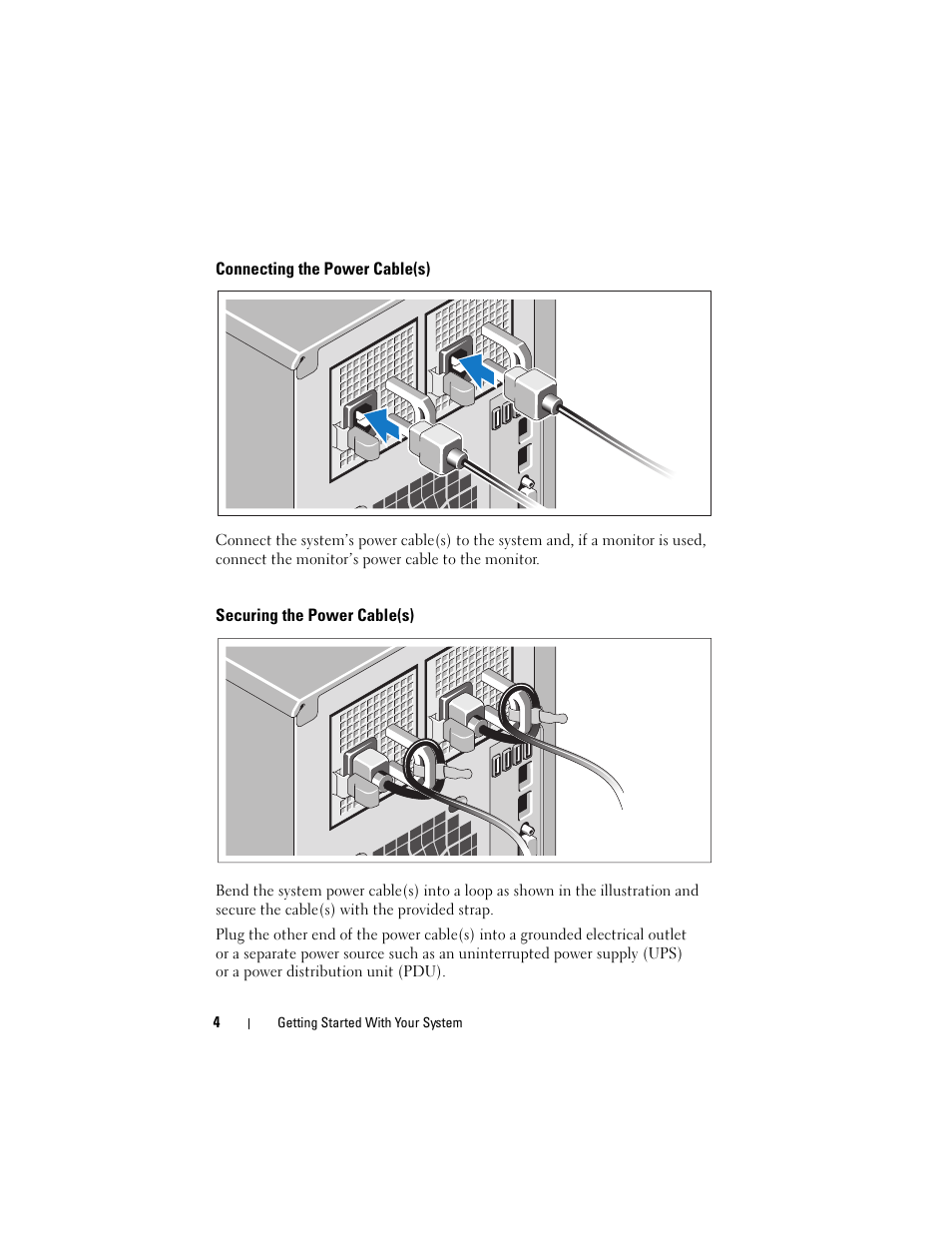 Connecting the power cable(s), Securing the power cable(s) | Dell PowerEdge T310 User Manual | Page 6 / 105