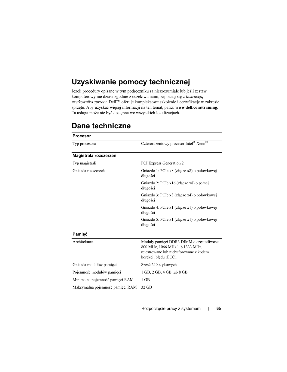 Uzyskiwanie pomocy technicznej, Dane techniczne | Dell PowerEdge T310 User Manual | Page 67 / 105