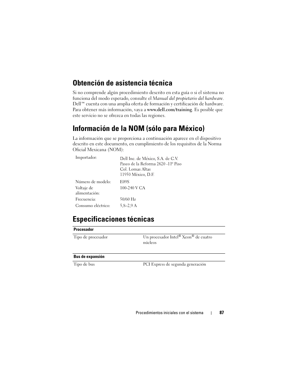 Obtención de asistencia técnica, Información de la nom (sólo para méxico), Especificaciones técnicas | Dell PowerEdge T310 User Manual | Page 89 / 105