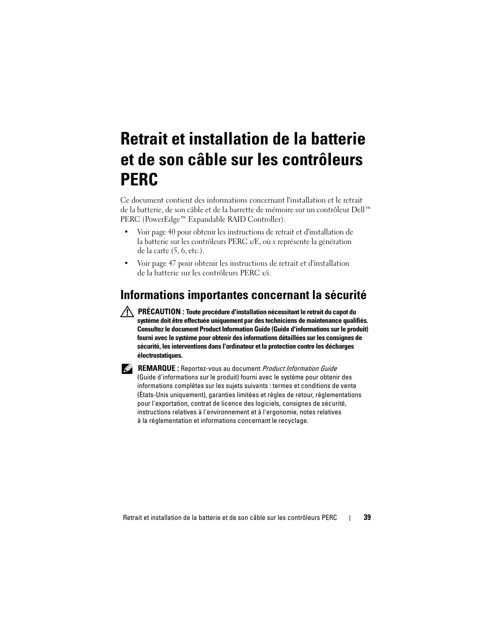 Informations importantes concernant la sécurité | Dell PowerEdge RAID Controller 6i User Manual | Page 41 / 120