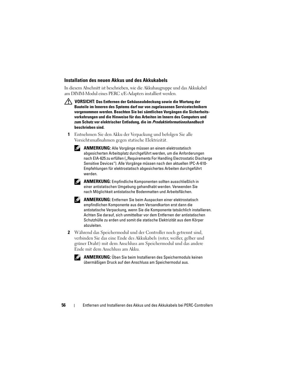 Installation des neuen akkus und des akkukabels | Dell PowerEdge RAID Controller 6i User Manual | Page 58 / 120