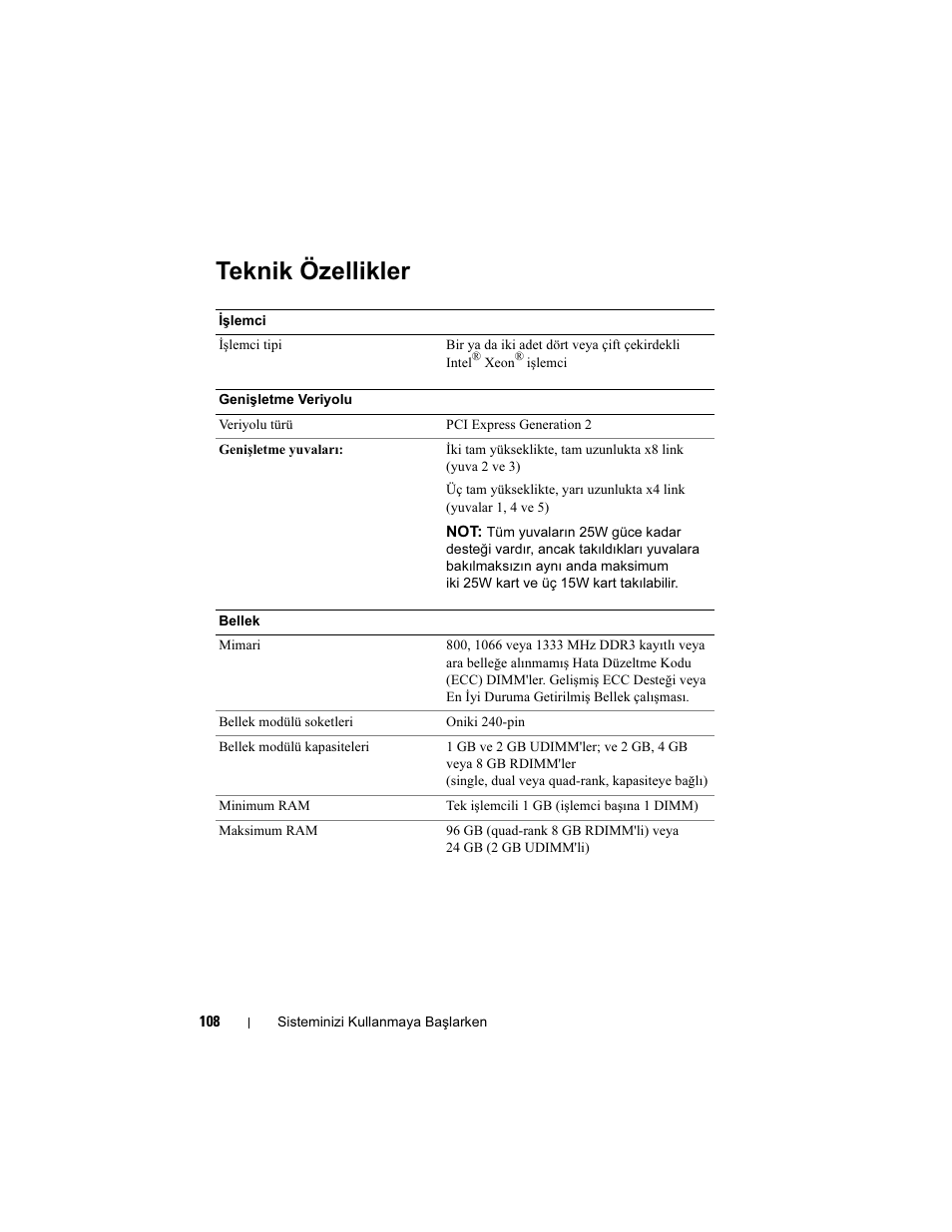 Teknik özellikler | Dell PowerEdge T610 User Manual | Page 110 / 126