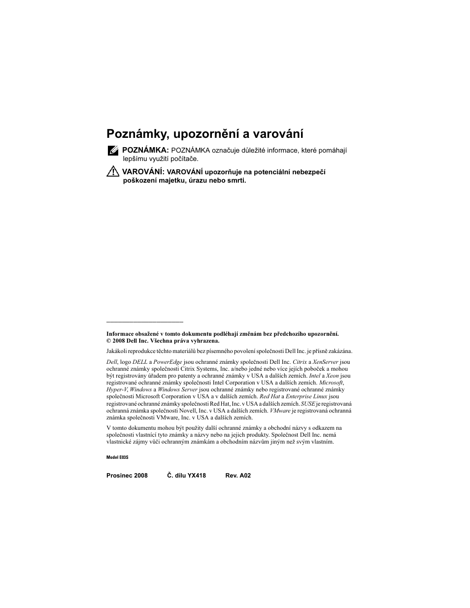 Poznámky, upozornění a varování | Dell PowerEdge T610 User Manual | Page 16 / 126