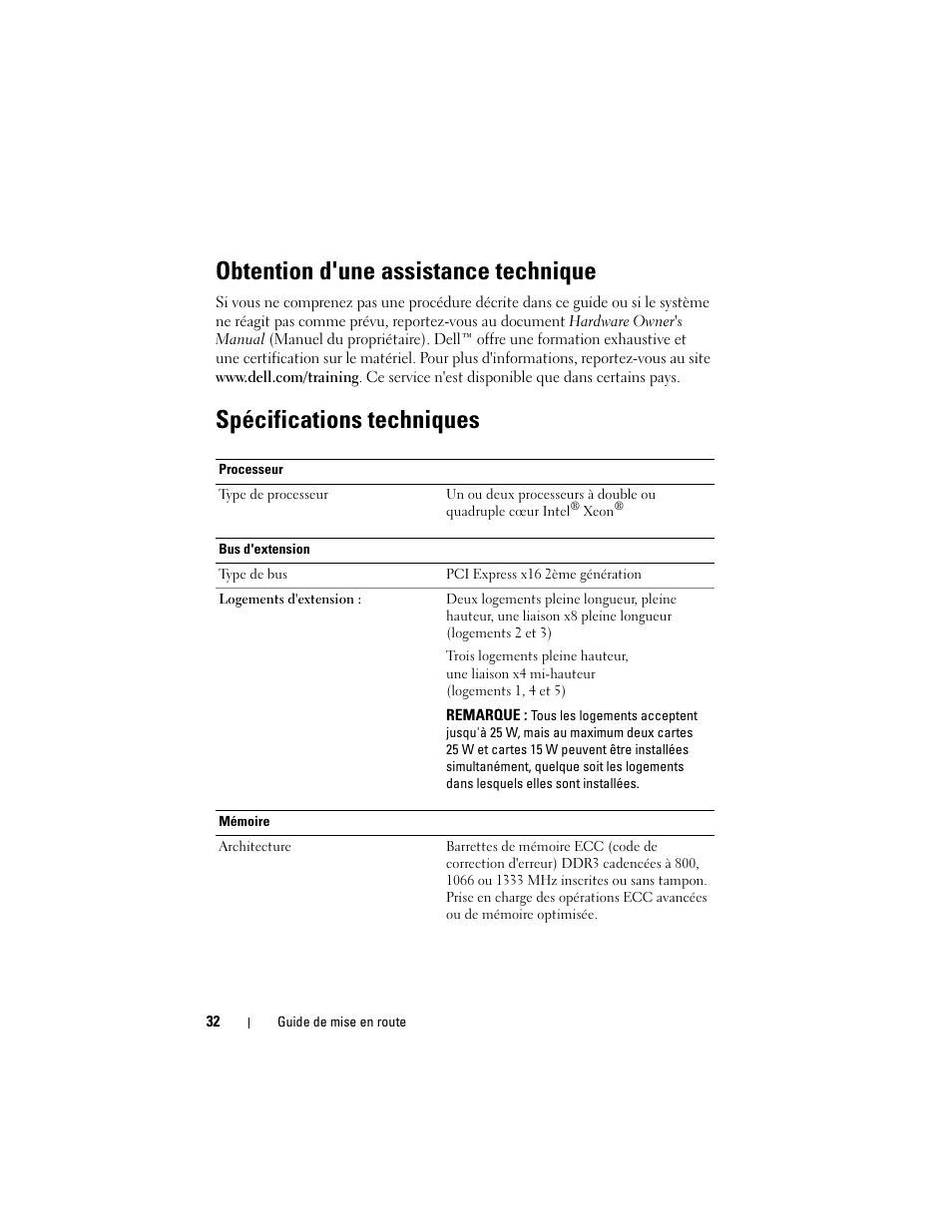 Obtention d'une assistance technique, Spécifications techniques | Dell PowerEdge T610 User Manual | Page 34 / 126