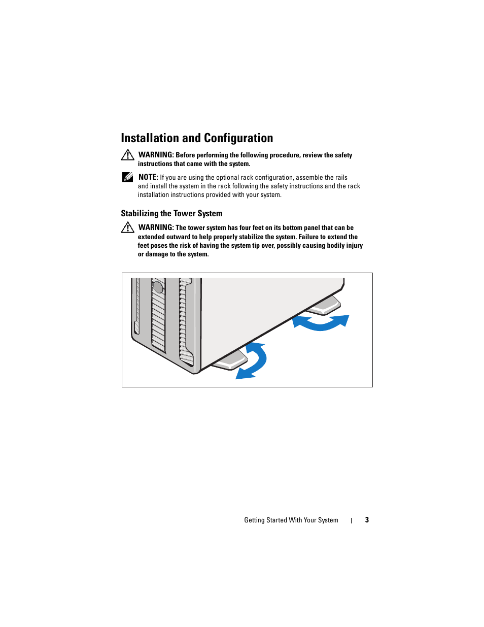 Installation and configuration, Stabilizing the tower system | Dell PowerEdge T610 User Manual | Page 5 / 126