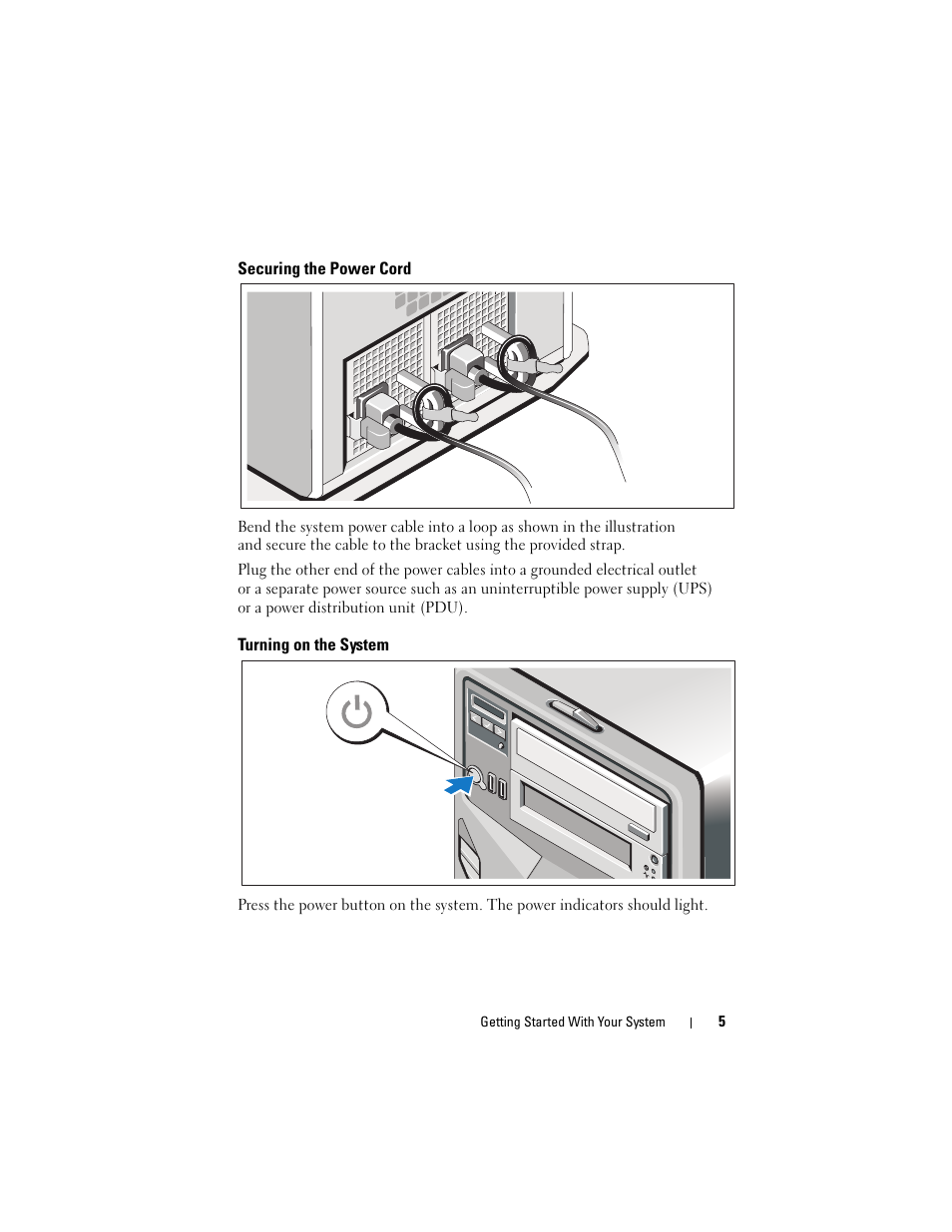 Securing the power cord, Turning on the system | Dell PowerEdge T610 User Manual | Page 7 / 126