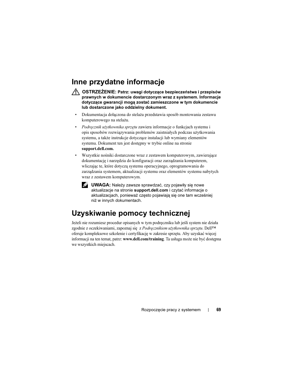 Inne przydatne informacje, Uzyskiwanie pomocy technicznej | Dell PowerEdge T610 User Manual | Page 71 / 126