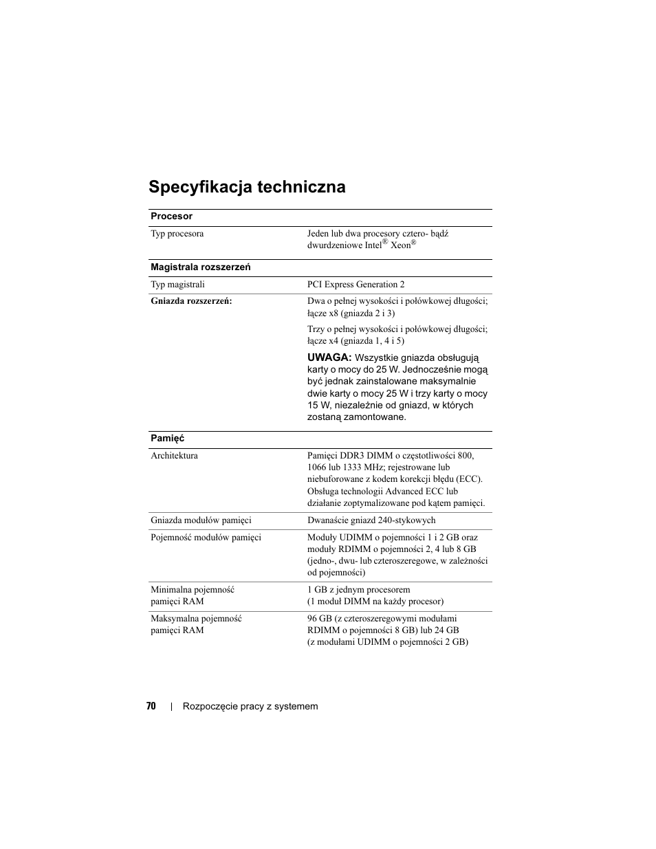 Specyfikacja techniczna | Dell PowerEdge T610 User Manual | Page 72 / 126