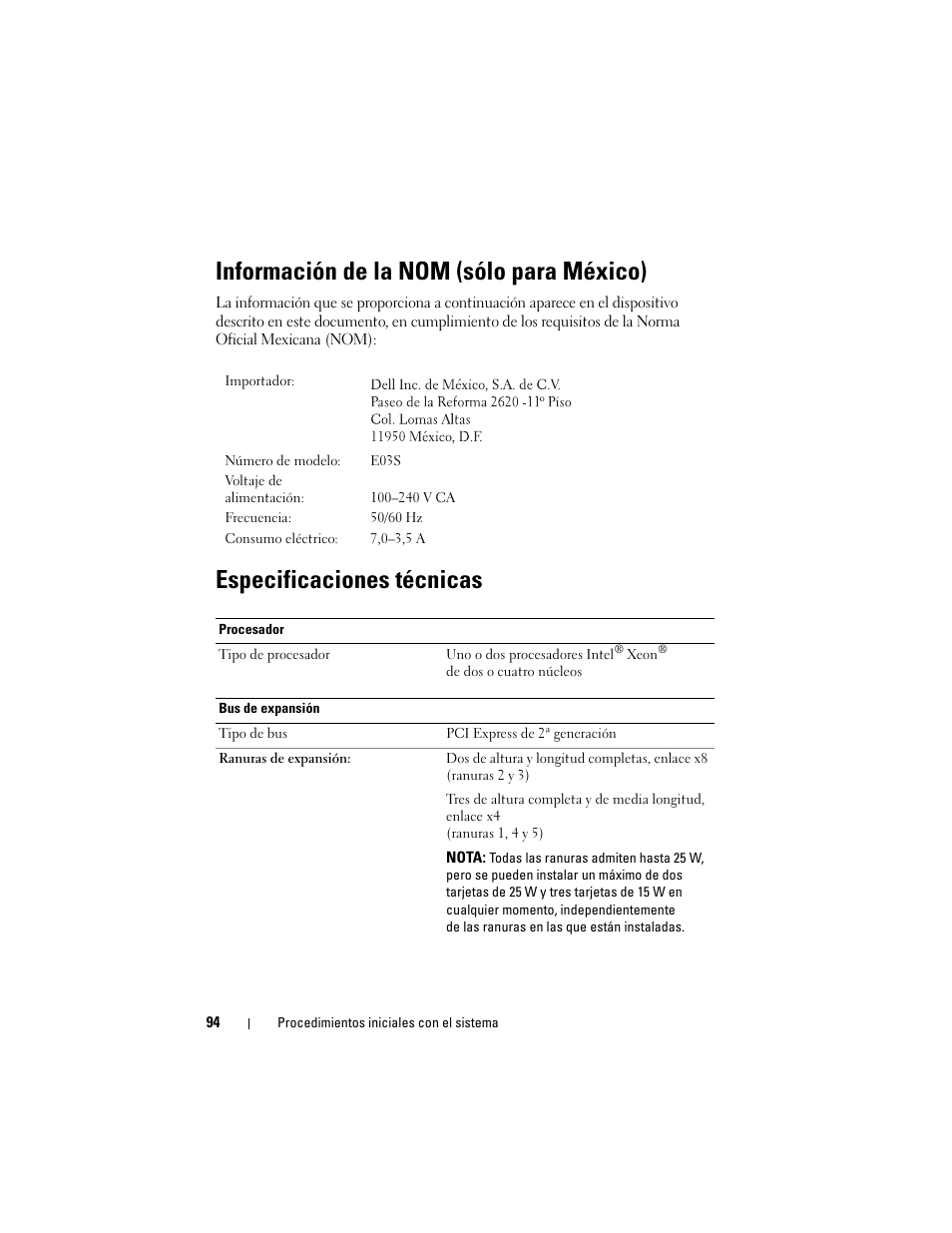 Información de la nom (sólo para méxico), Especificaciones técnicas | Dell PowerEdge T610 User Manual | Page 96 / 126