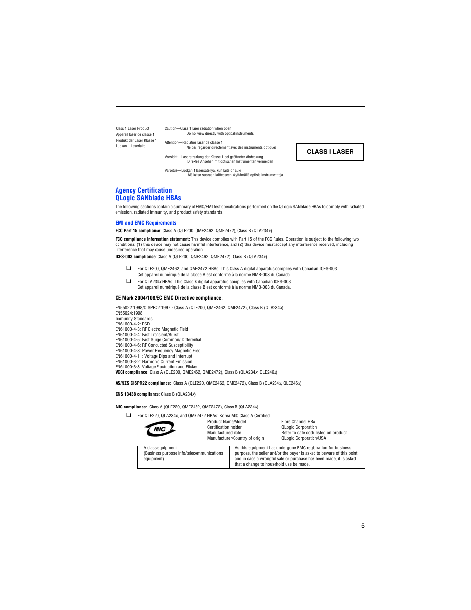 Agency certification qlogic sanblade hbas | Dell PowerEdge M600 User Manual | Page 7 / 82