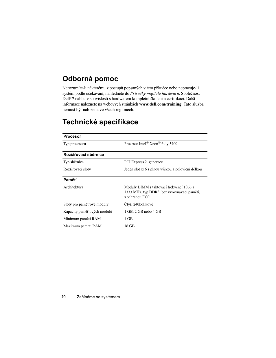 Odborná pomoc, Technické specifikace | Dell PowerEdge R210 User Manual | Page 22 / 110