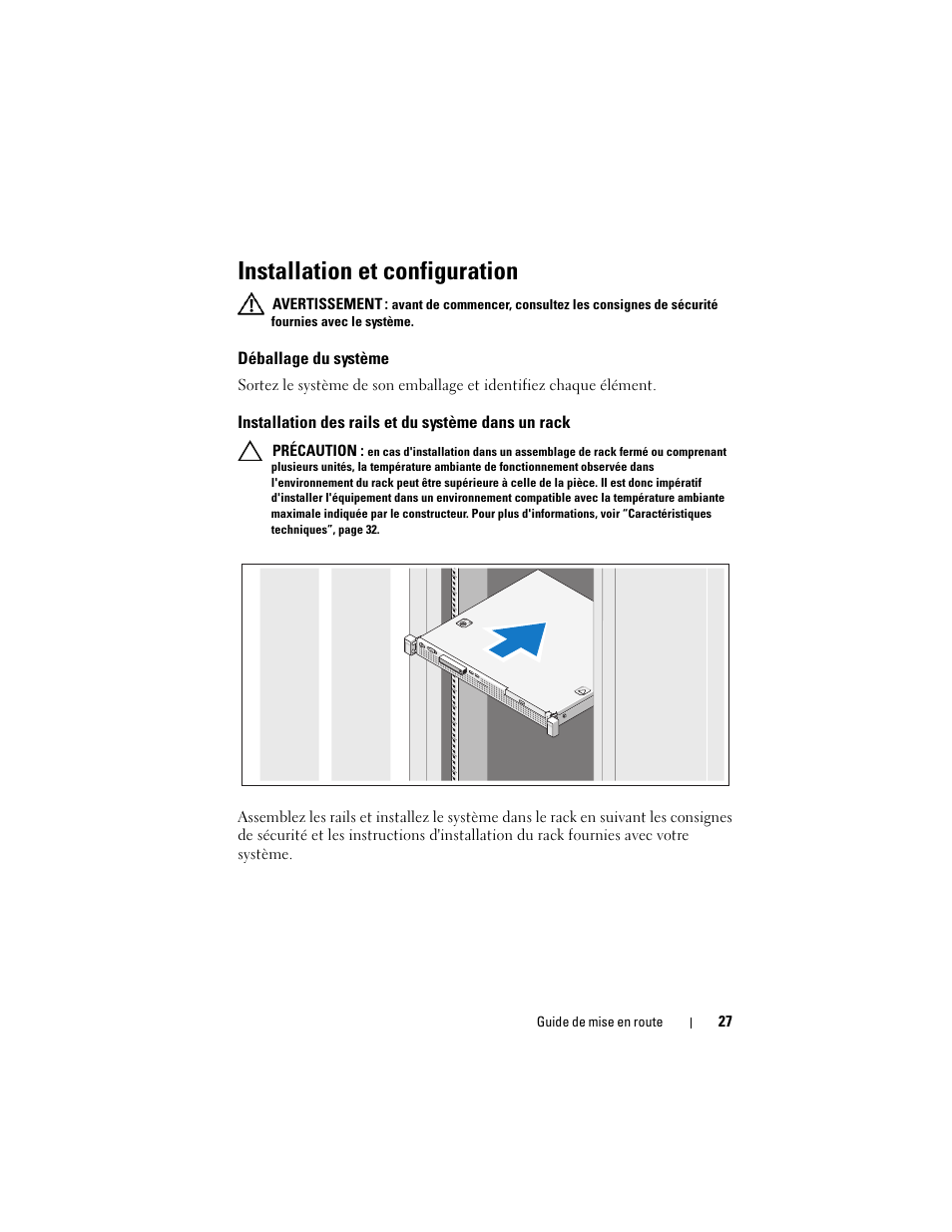 Installation et configuration, Déballage du système, Installation des rails et du système dans un rack | Dell PowerEdge R210 User Manual | Page 29 / 110