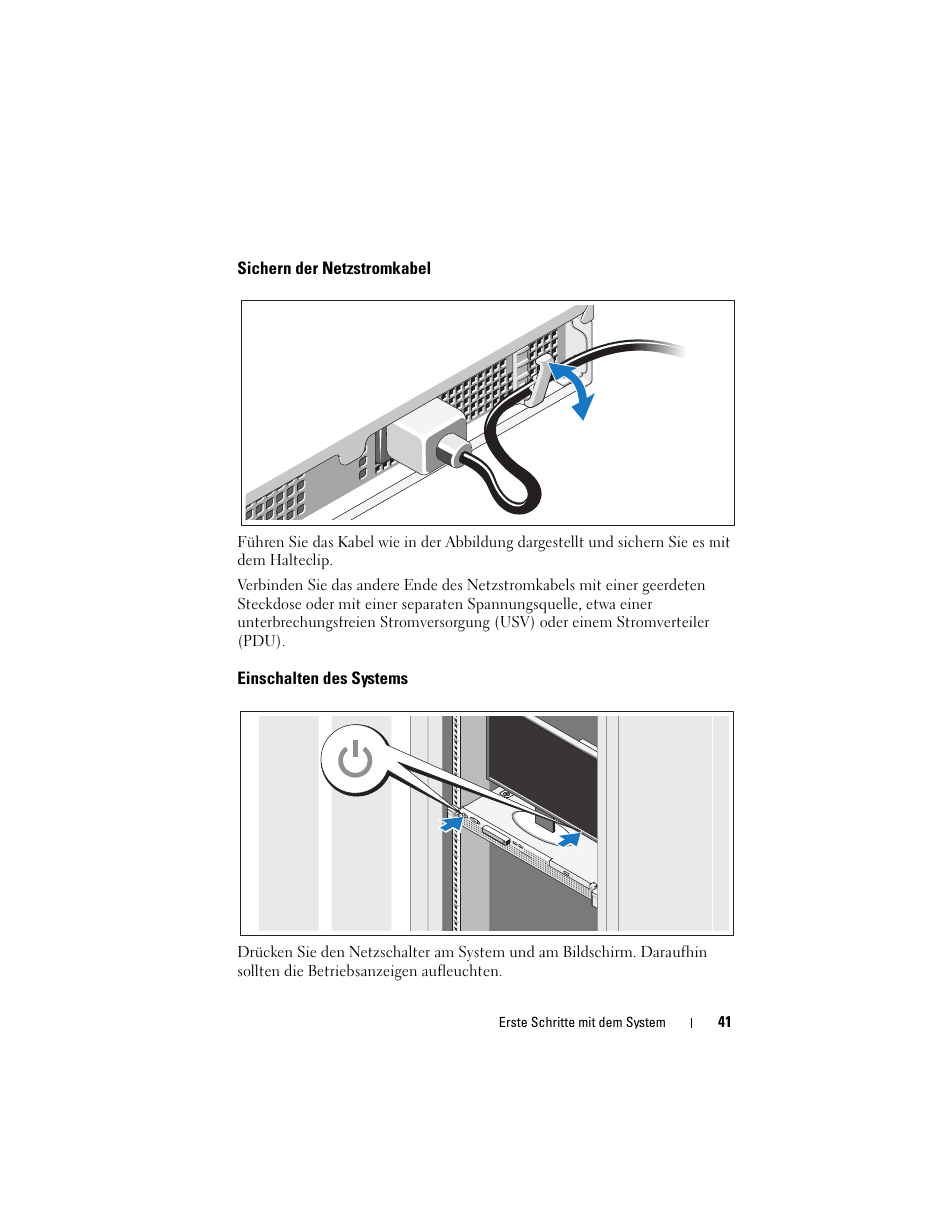 Sichern der netzstromkabel, Einschalten des systems | Dell PowerEdge R210 User Manual | Page 43 / 110