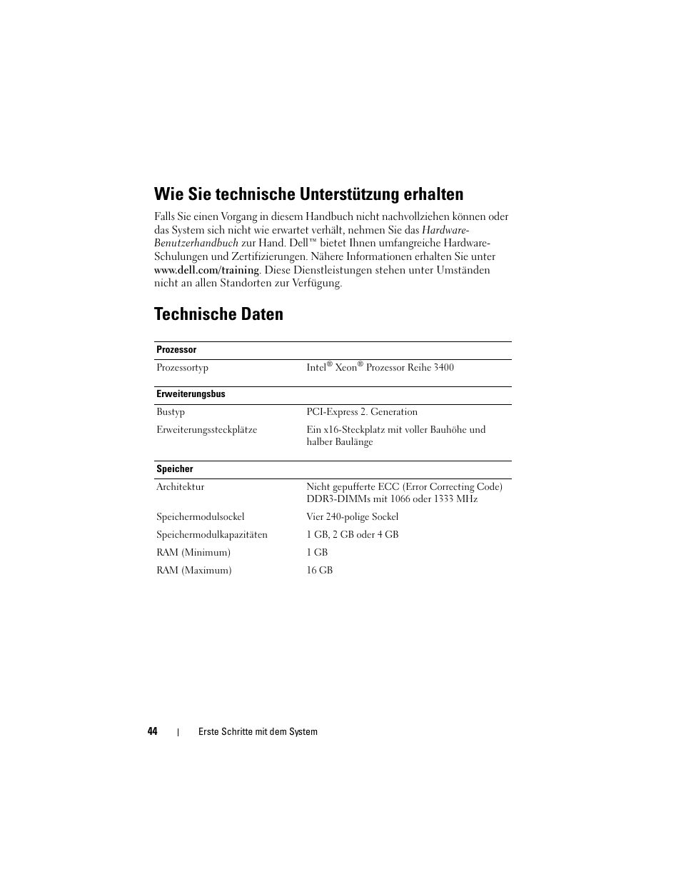 Wie sie technische unterstützung erhalten, Technische daten | Dell PowerEdge R210 User Manual | Page 46 / 110