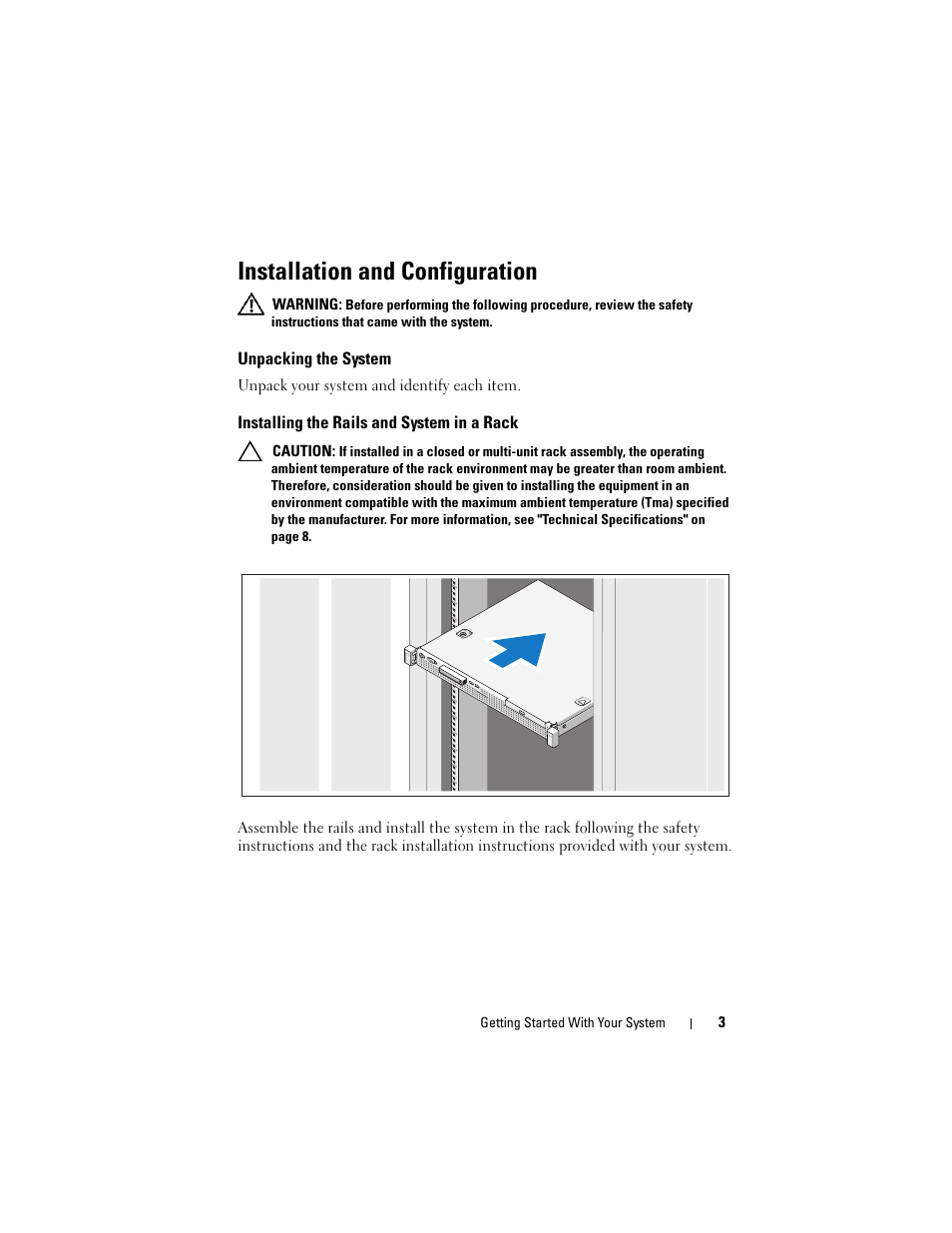 Installation and configuration, Unpacking the system, Installing the rails and system in a rack | Dell PowerEdge R210 User Manual | Page 5 / 110