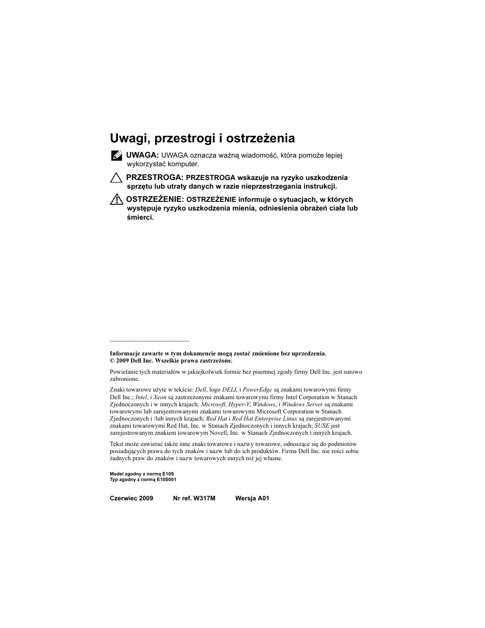 Uwagi, przestrogi i ostrzeżenia | Dell PowerEdge R210 User Manual | Page 64 / 110