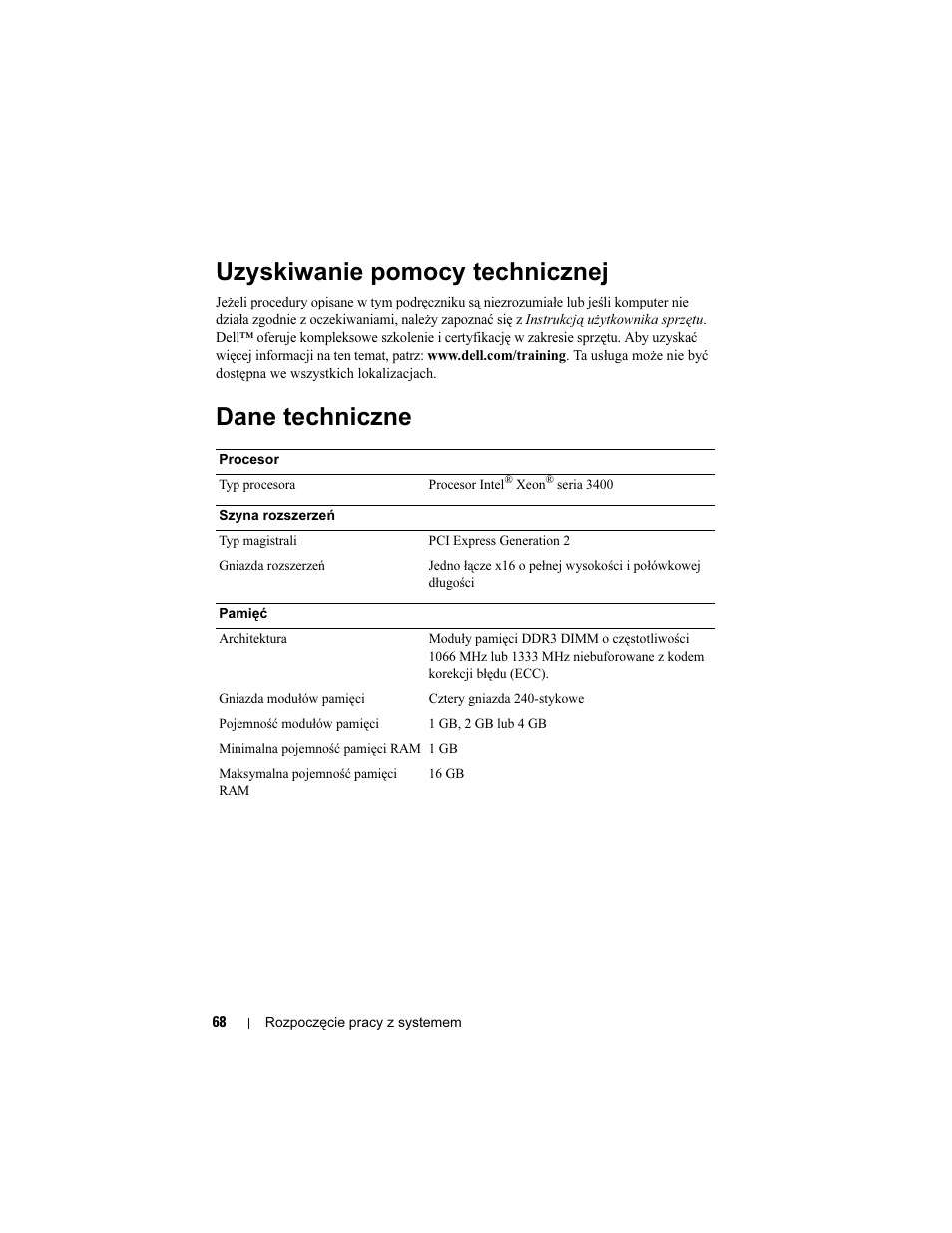 Uzyskiwanie pomocy technicznej, Dane techniczne | Dell PowerEdge R210 User Manual | Page 70 / 110