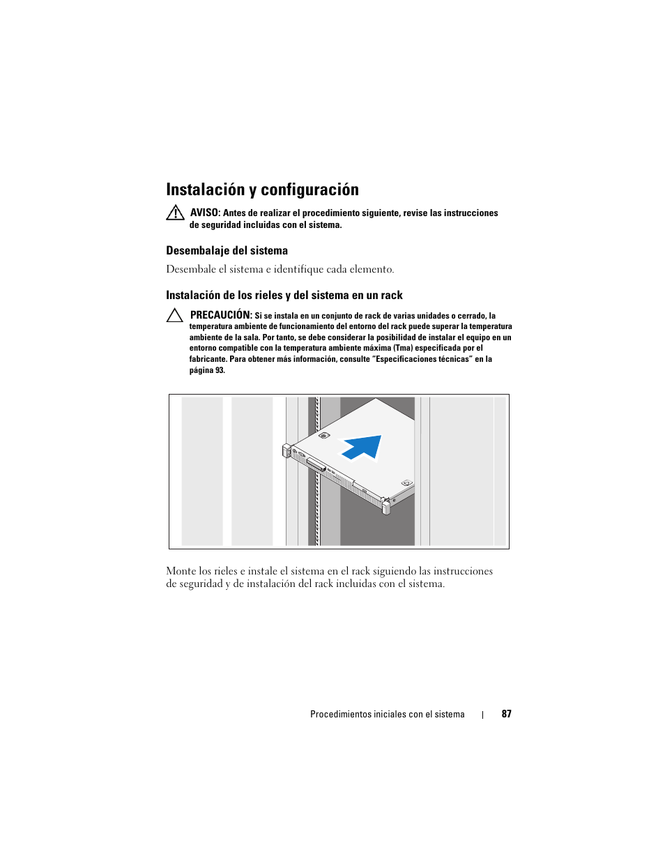 Instalación y configuración, Desembalaje del sistema, Instalación de los rieles y del sistema en un rack | Dell PowerEdge R210 User Manual | Page 89 / 110