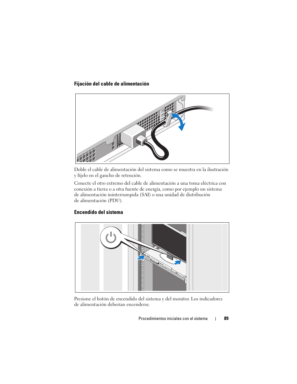 Fijación del cable de alimentación, Encendido del sistema | Dell PowerEdge R210 User Manual | Page 91 / 110