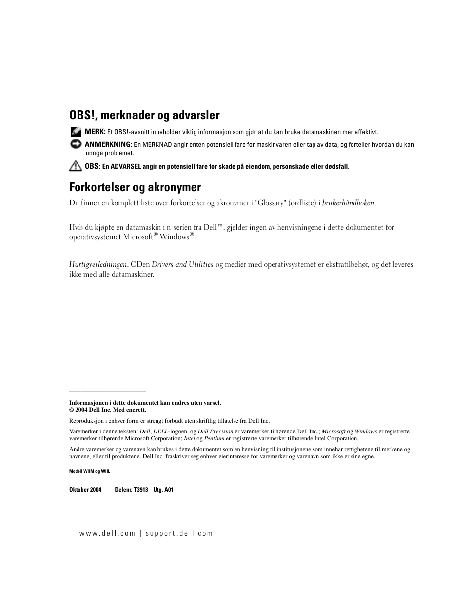 Obs!, merknader og advarsler, Forkortelser og akronymer | Dell Precision 470 User Manual | Page 126 / 328