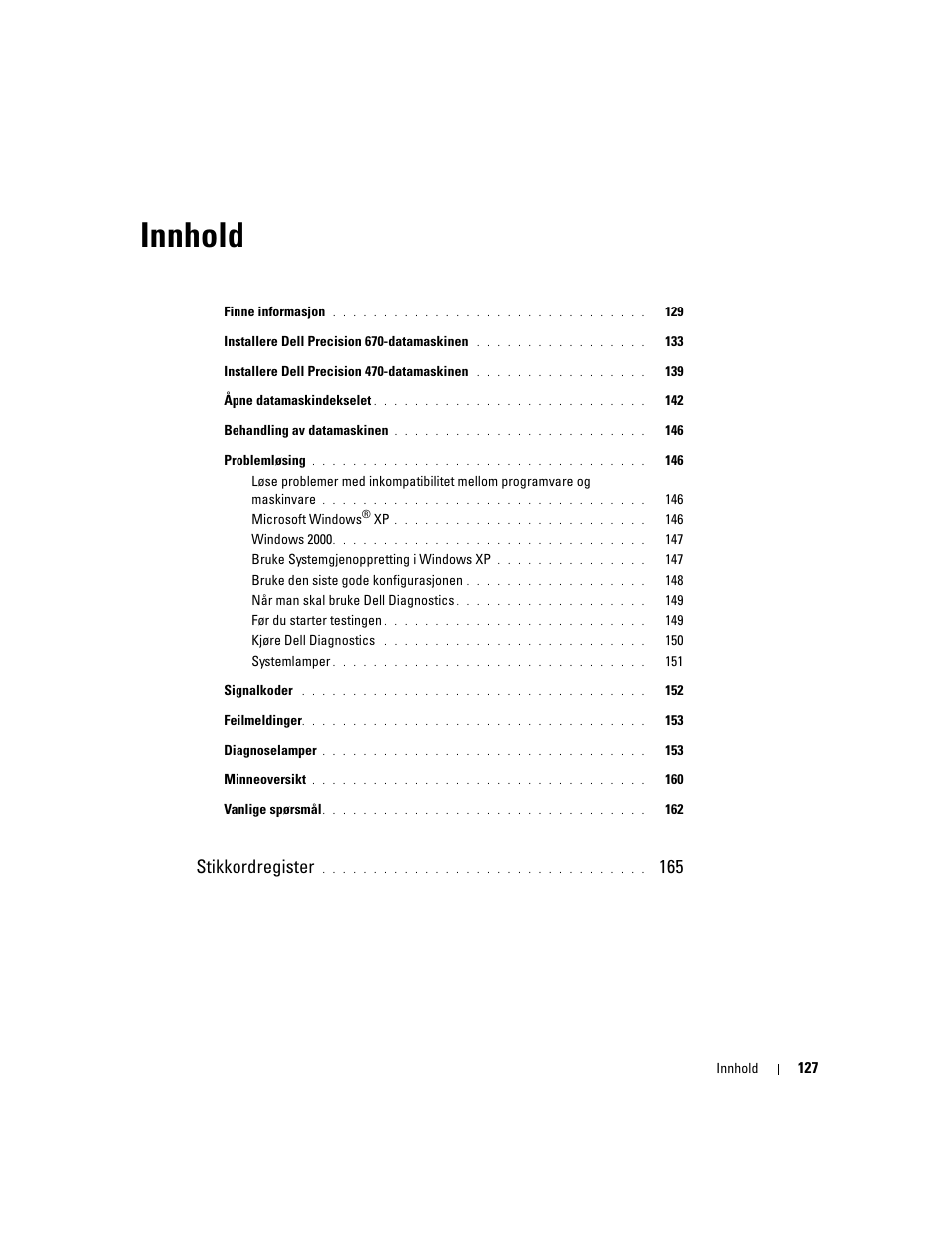 Innhold, Stikkordregister | Dell Precision 470 User Manual | Page 127 / 328