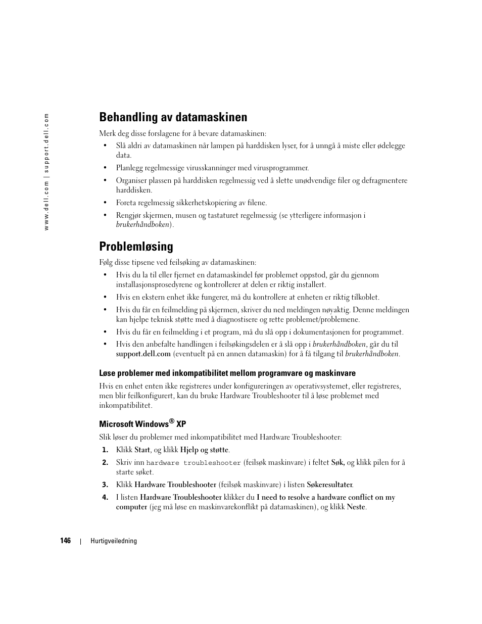 Behandling av datamaskinen, Problemløsing, Microsoft windows® xp | Microsoft windows | Dell Precision 470 User Manual | Page 146 / 328