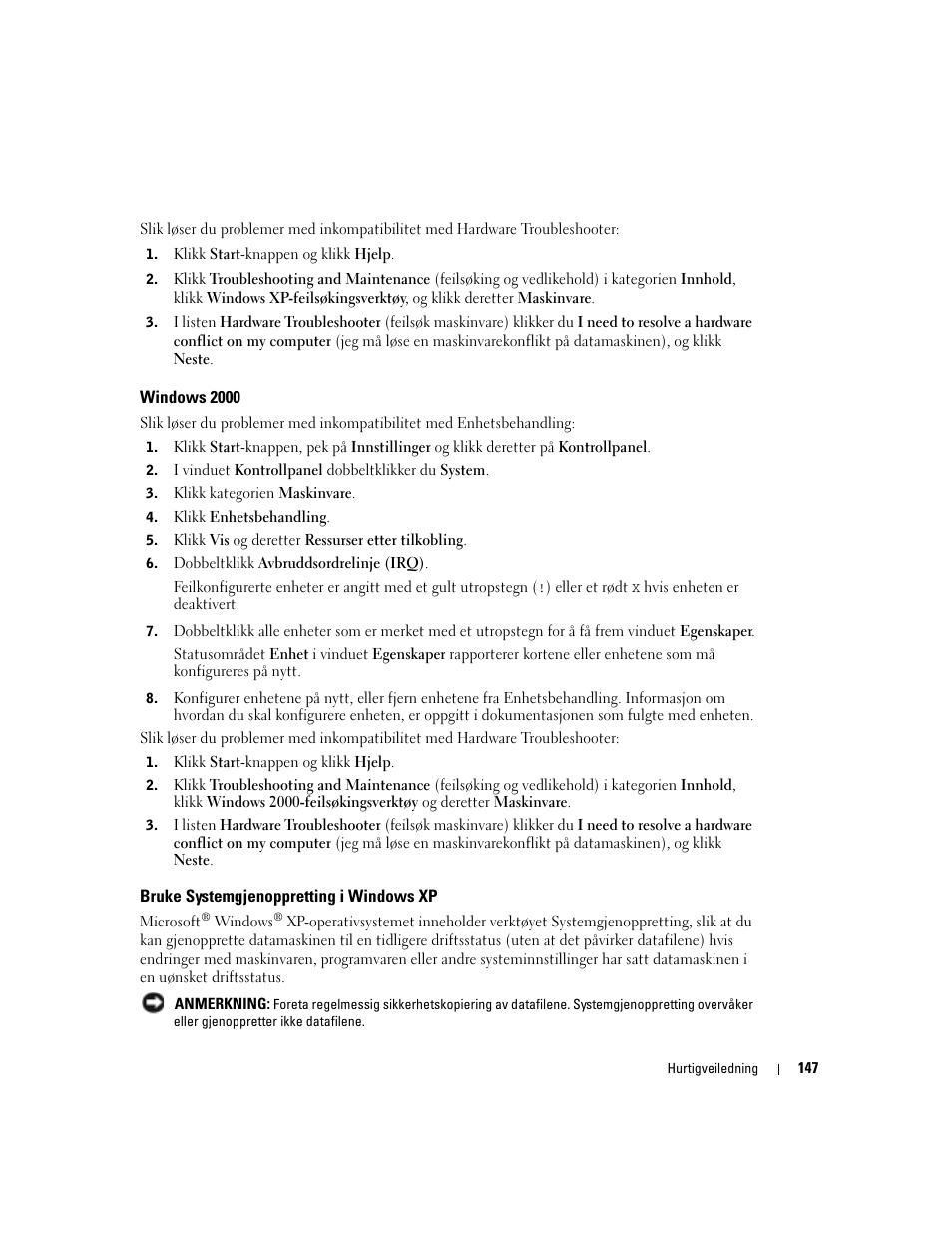 Windows 2000, Bruke systemgjenoppretting i windows xp | Dell Precision 470 User Manual | Page 147 / 328