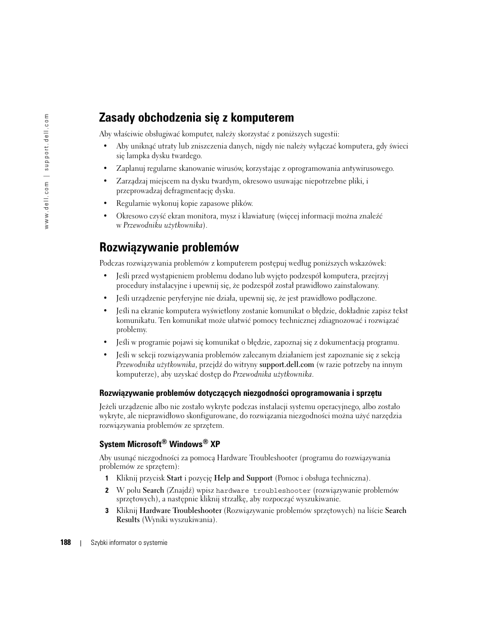 Zasady obchodzenia siê z komputerem, Rozwi¶zywanie problemów, System microsoft® windows® xp | Zasady obchodzenia się z komputerem, Rozwiązywanie problemów, System microsoft | Dell Precision 470 User Manual | Page 188 / 328