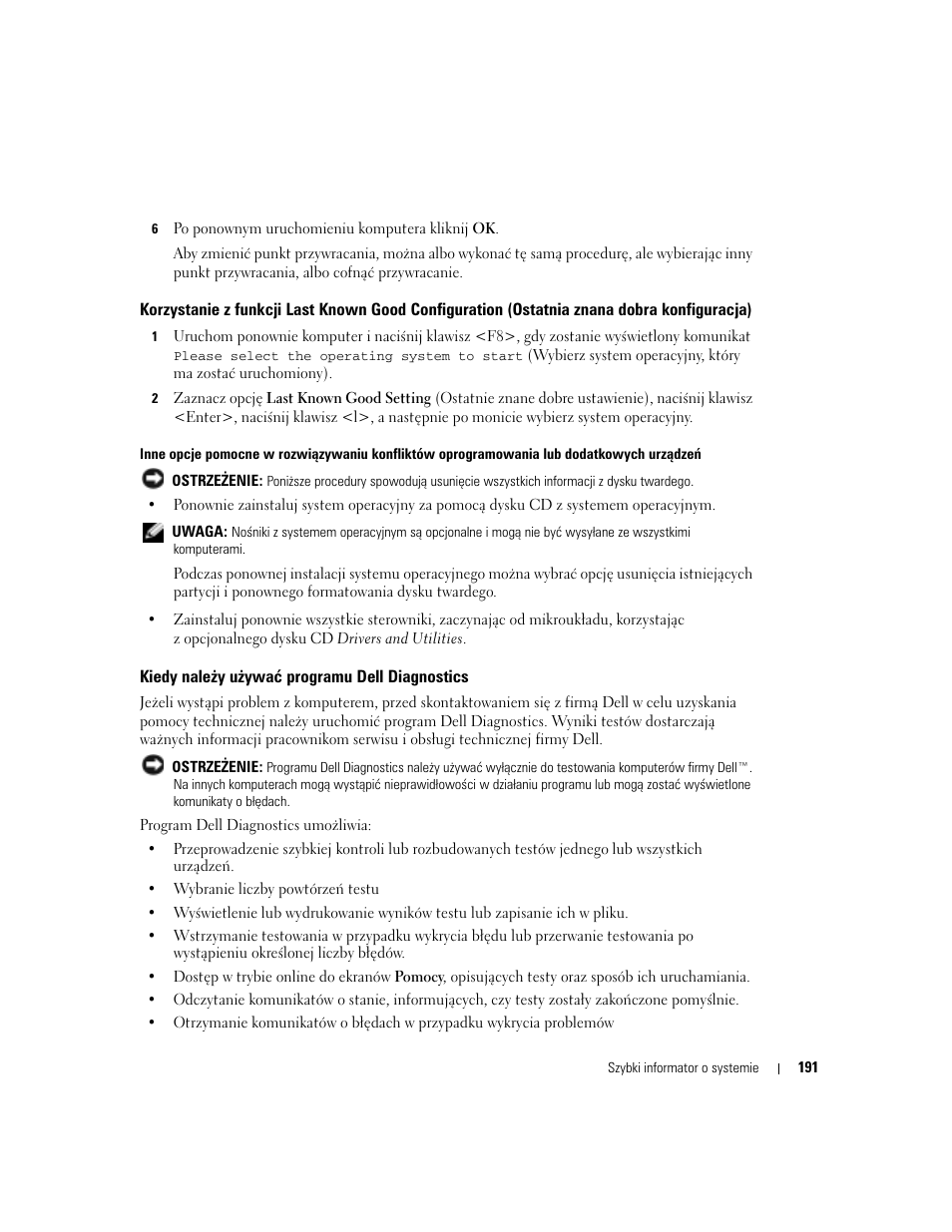 Kiedy nale¿y u¿ywaæ programu dell diagnostics, Kiedy należy używać programu dell diagnostics | Dell Precision 470 User Manual | Page 191 / 328